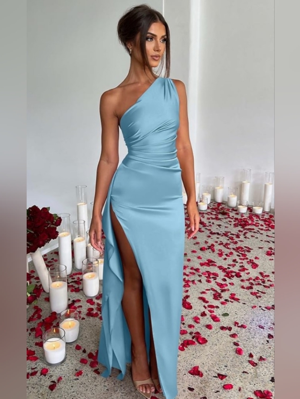 One-Shoulder Sky Blue Evening Gown
